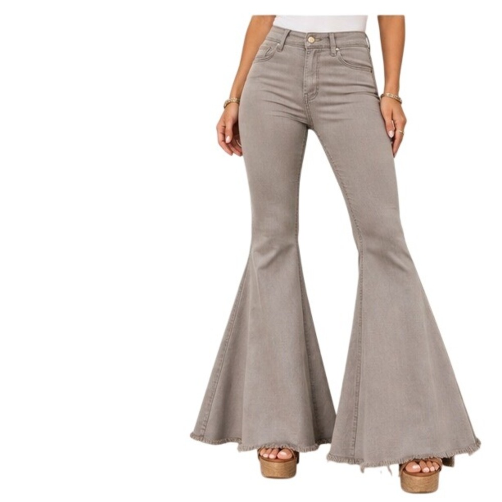 Umgee Denim Bell Bottom Flare Jeans Womens 5 Gray Boho Raw Hem Stretch 70s